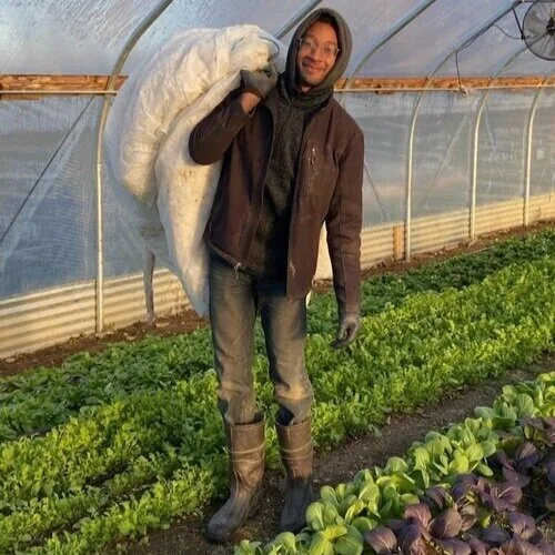Rhyston Mays is a Hudson Valley transplant from Chicago, and graduate of Vassar College in Sociology. They aim to build upon their experiences in agriculture to engage with issues of land access and food sovereignty in Black communities. Rhyston is eager to find out what kinds of futures we can manifest from the seeds that we sow! Currently, Rhyston is working their third season at Phillies Bridge Farm Project in New Paltz, NY.