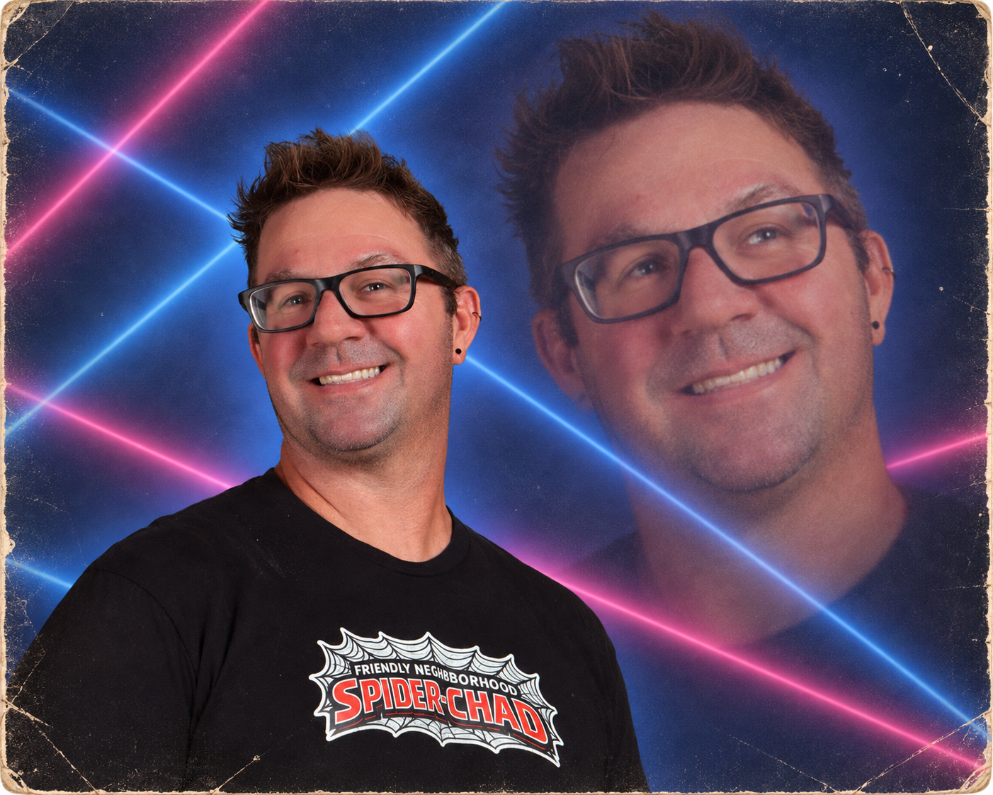 Retro double portrait of Chad Pickens wearing a Spider-Chad T-shirt against blue and pink laser beams.