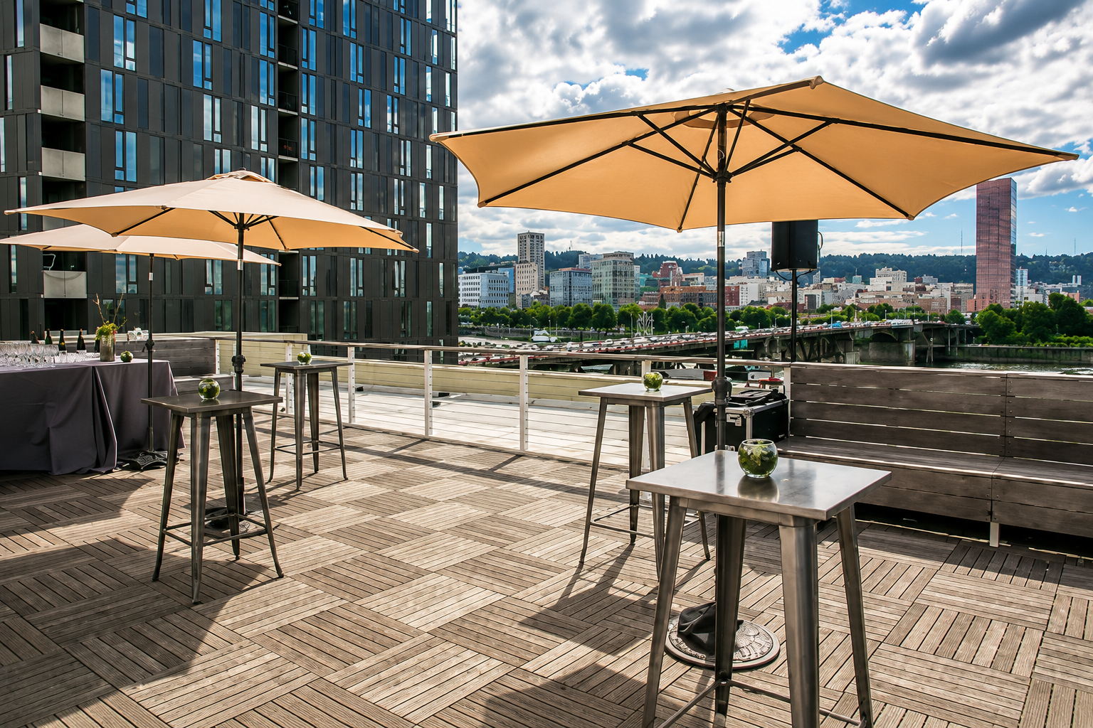 Cascade Rooftop at The Exchange overlooking the Portland skyline.