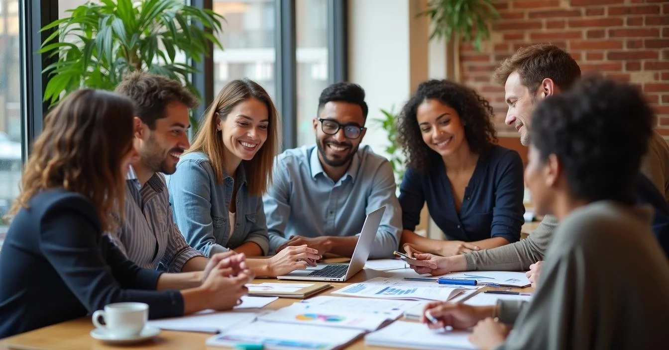 A group of colleagues gathered around a table, working together