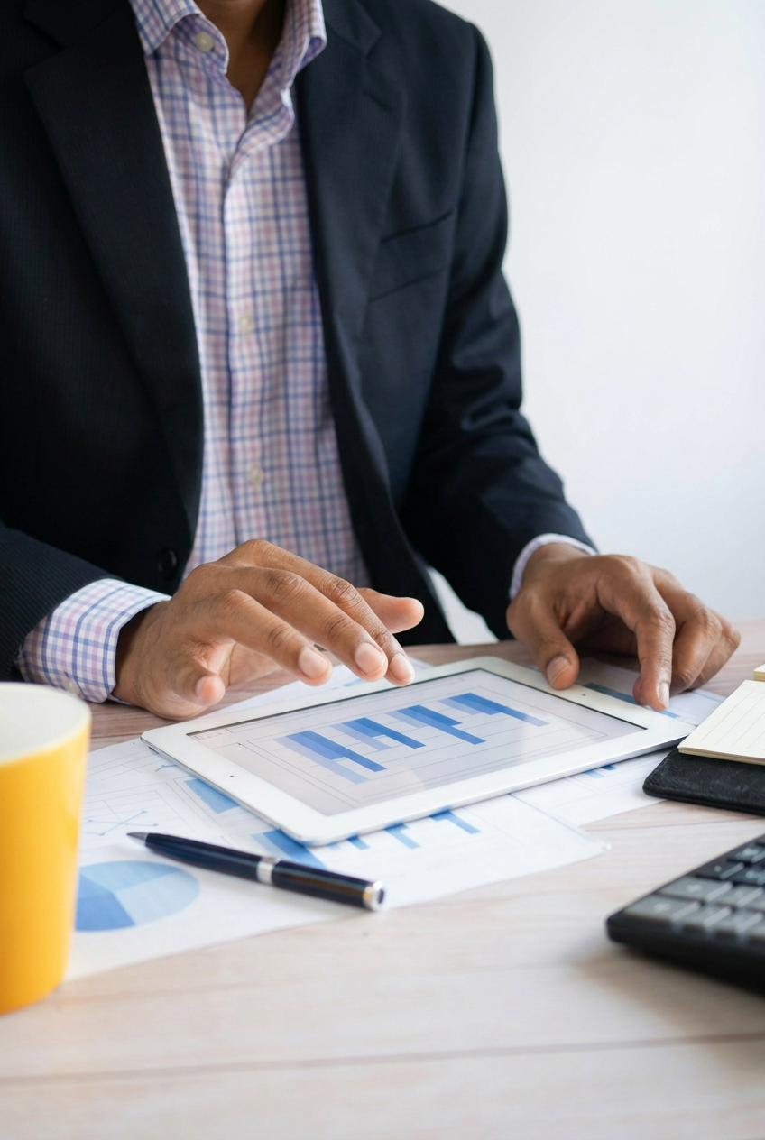 Businessperson in a suit using a digital tablet with financial charts on a desk with paperwork, a pen, a notebook, a calculator, and a mug.
