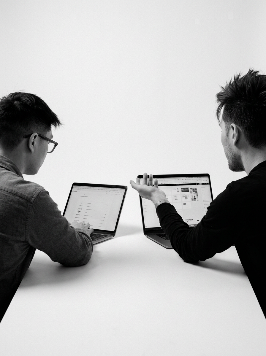 Two men sitting at a white table using laptops, engaged in a discussion, with a plain white background.