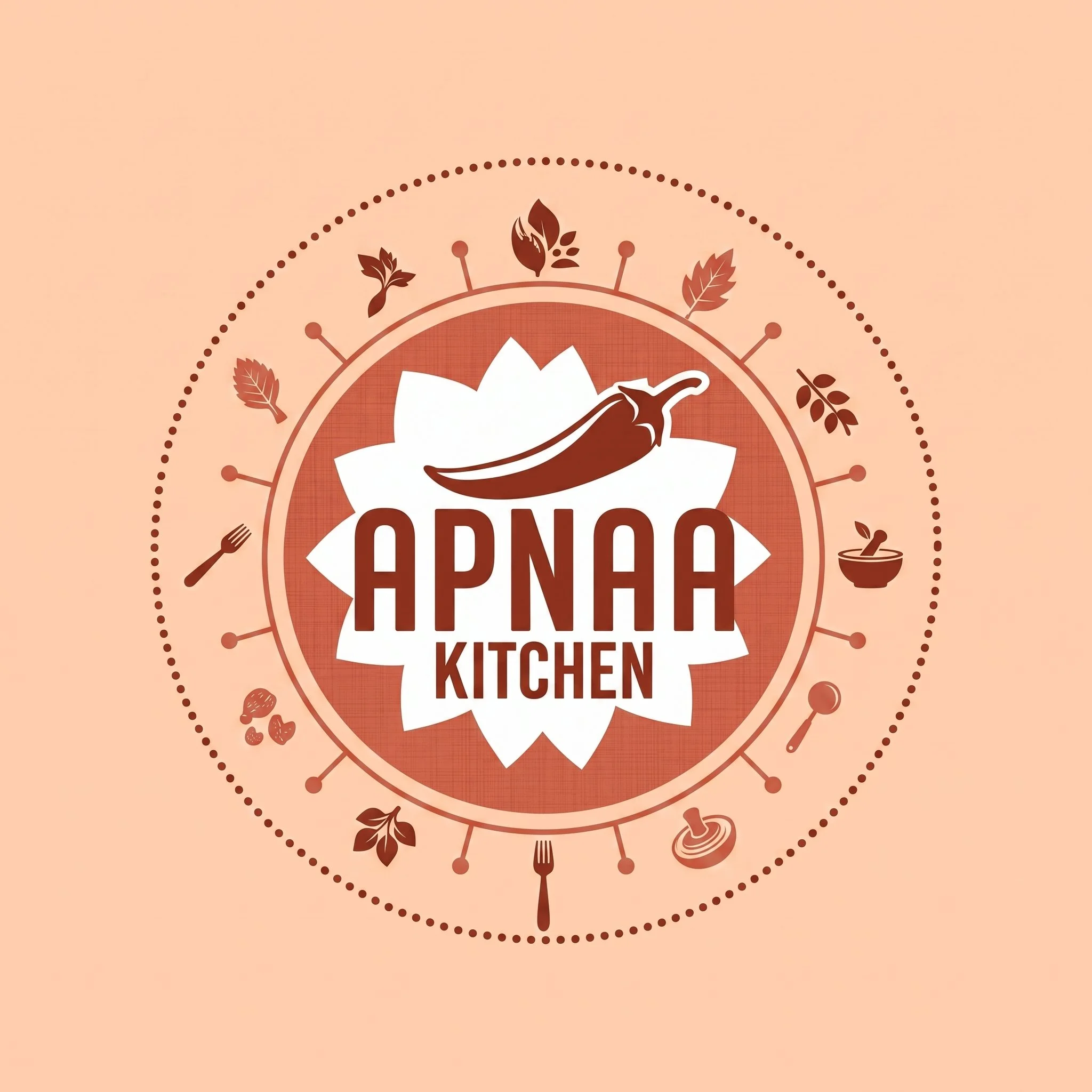 A circular design featuring food and kitchen-related icons such as a fork, spoon, knife, herbs, and a bowl, with the words 'ORGANIC KITCHEN' in the center, all on a peach-colored background.