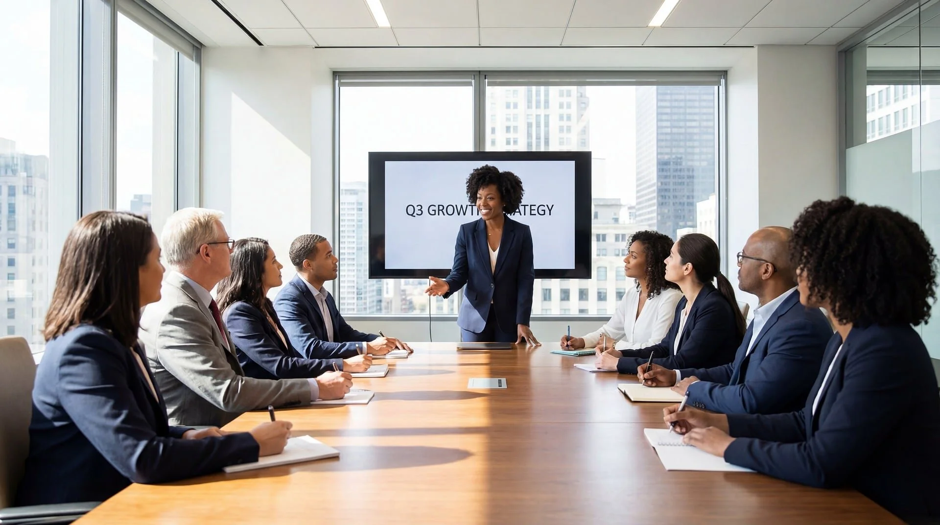 A diverse group of professionals in a business meeting room, listening to a woman presenting a strategy on a screen that reads 'Q3 GROWTH STRATEGY'.