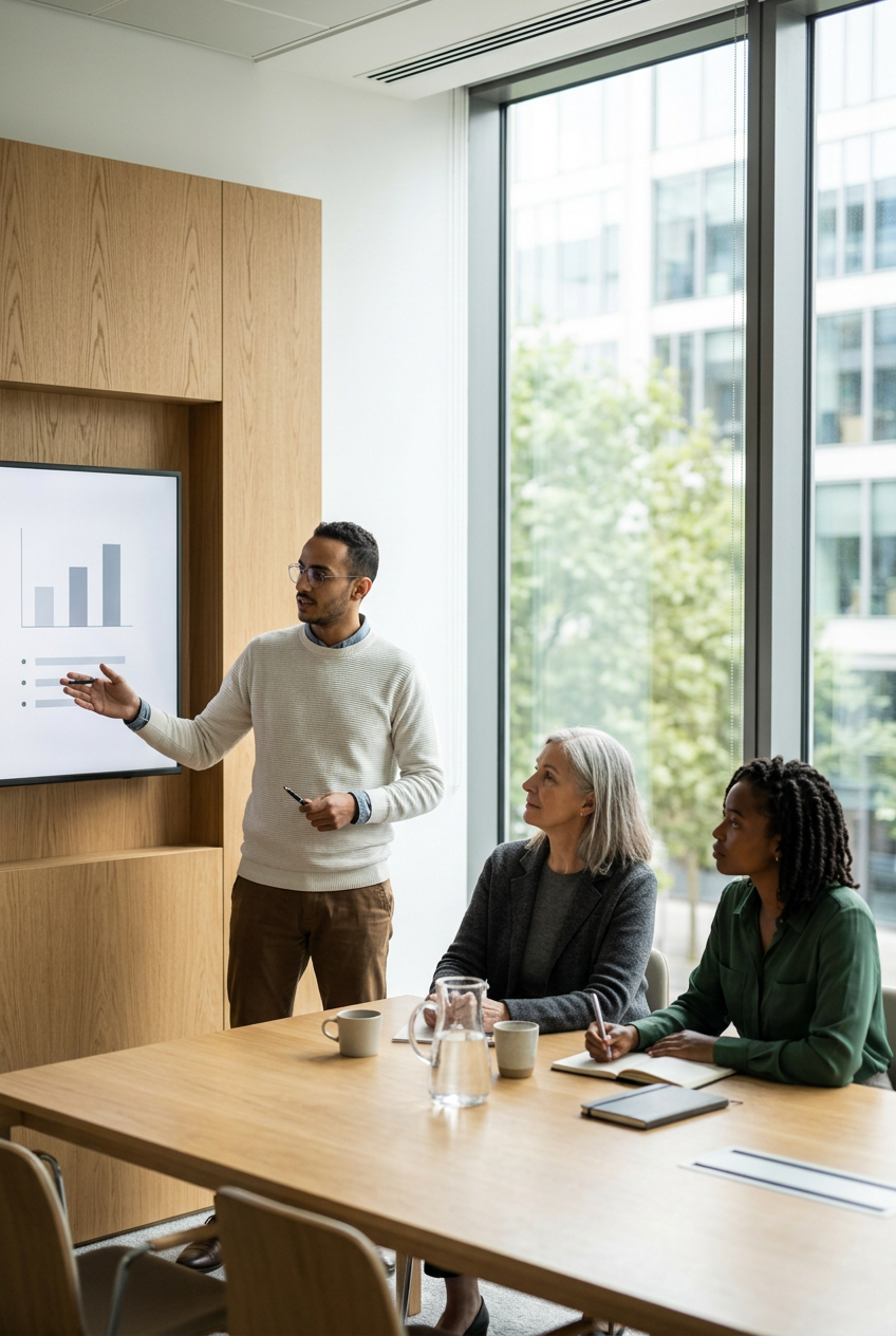 A man giving a presentation to two women in a modern conference room with large windows, a wooden wall, and a digital screen displaying a bar chart and text.