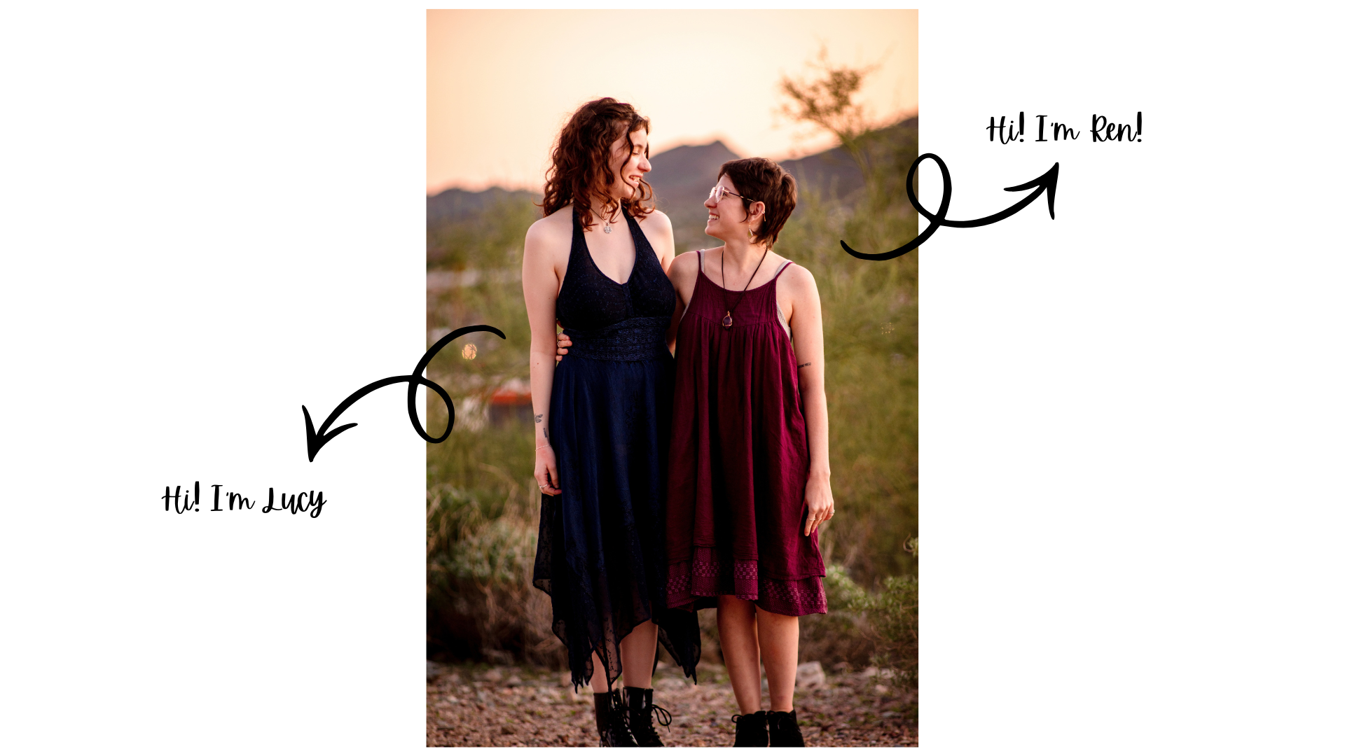 Two people standing outdoors during sunset, smiling and looking at each other. One has curly hair and is wearing a black dress, the other has short hair, glasses, and is wearing a burgundy outfit. Handwritten labels introduce them as Lucy and Ren.