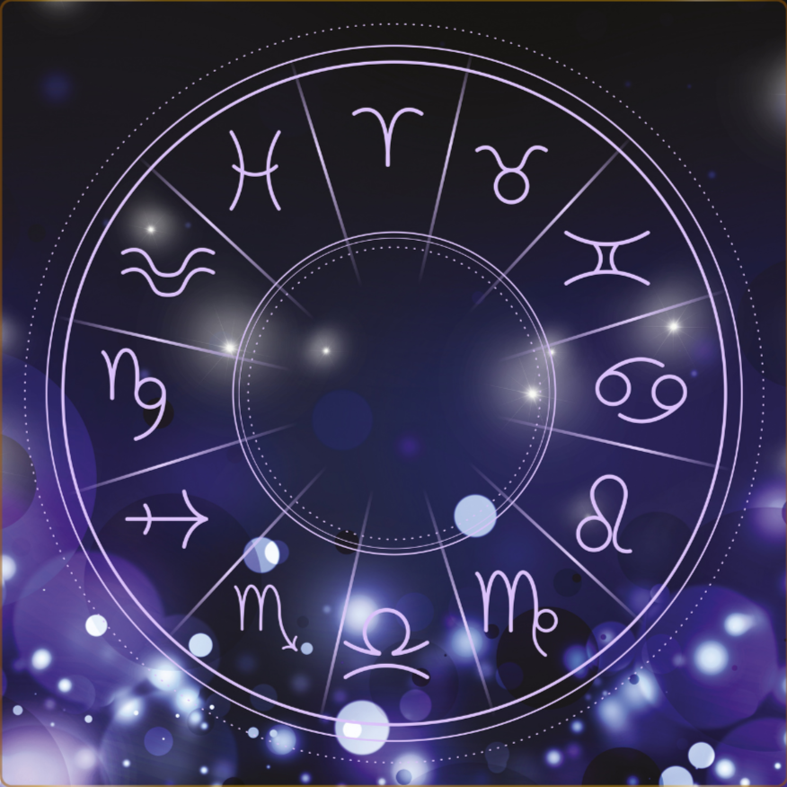 A zodiac wheel showing all twelve astrological signs in purple over a dark background with glowing light effects.