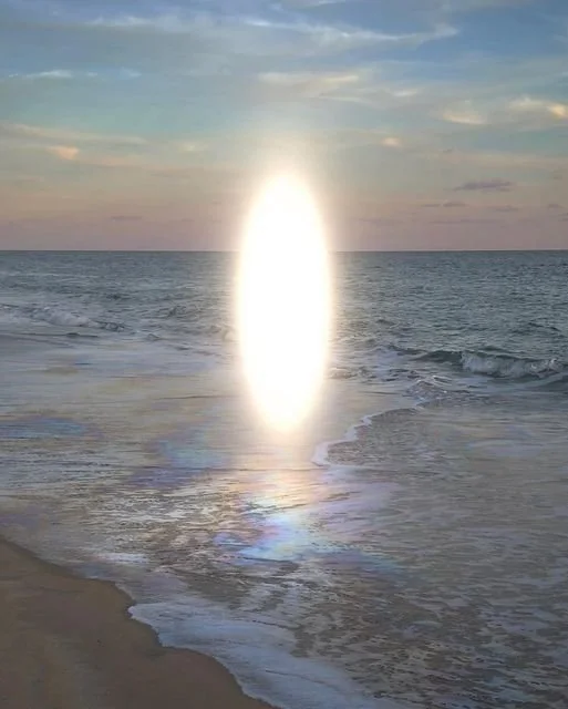 Sunset over the ocean with a bright, glowing light portal on the water's surface.