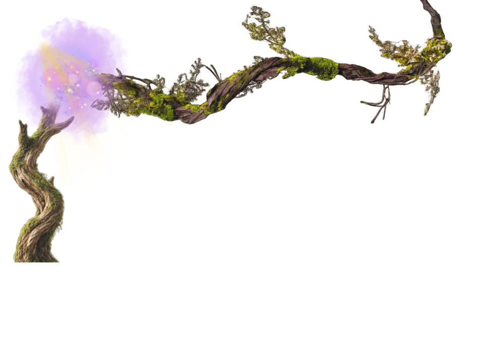 A twisted tree branch with moss and leaves extends across the top of the image, with a small, gnarled tree trunk at the bottom left. Soft glowing light with purple and yellow hues illuminates the scene.