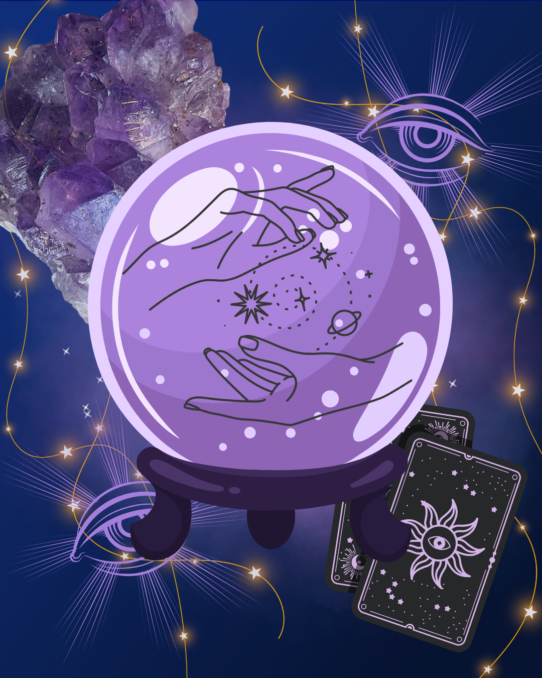 A mystical illustration of a crystal ball with a celestial scene inside, including planets, stars, and space symbols. Surrounding the ball are tarot cards with cosmic designs, an amethyst crystal, and a stylized eye with starry patterns and connecting lines, set against a starry, cosmic background.