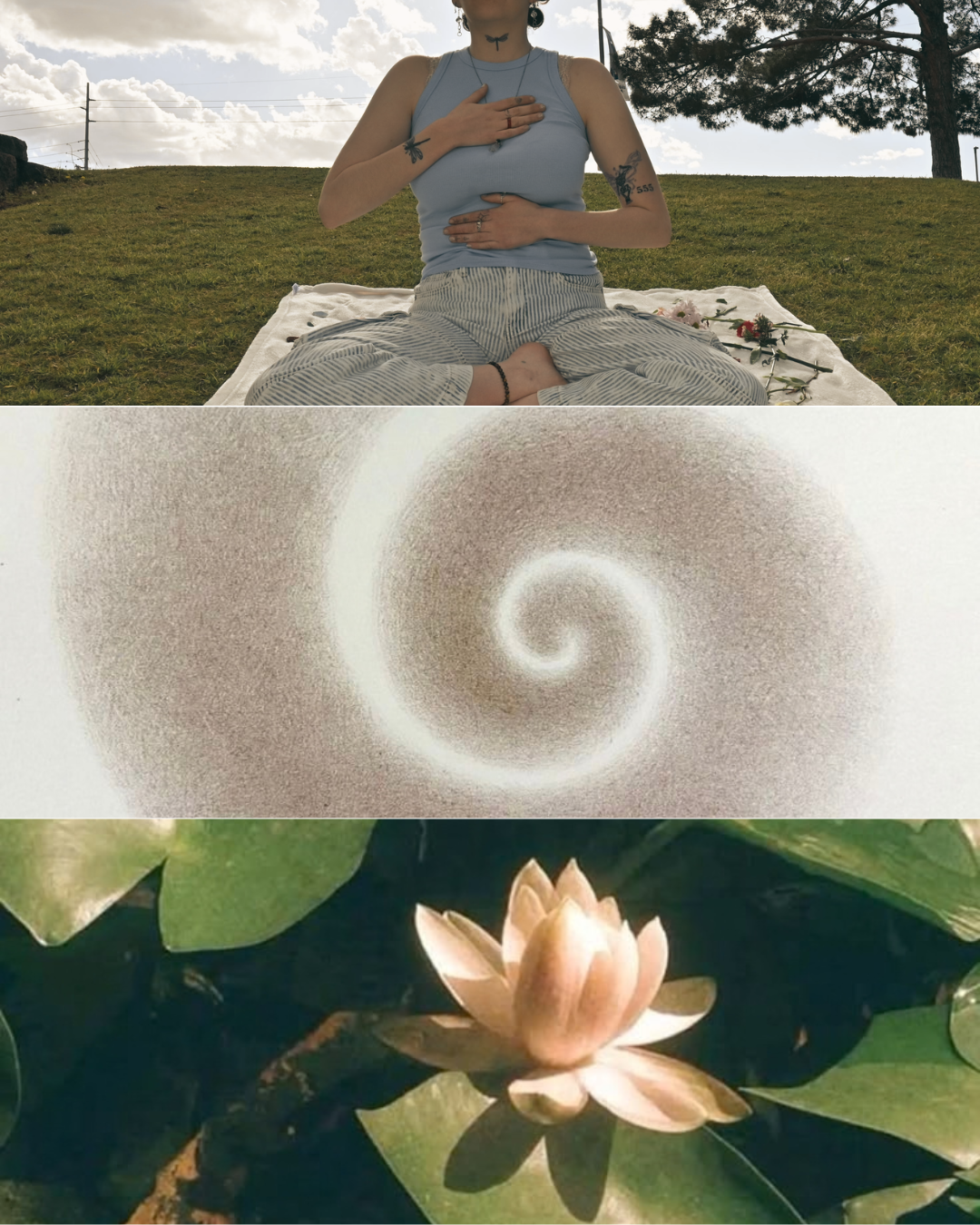 A woman meditating and touching her heart outdoors on a mat, a spiral pattern, and a blooming water lily flower on lily pads.