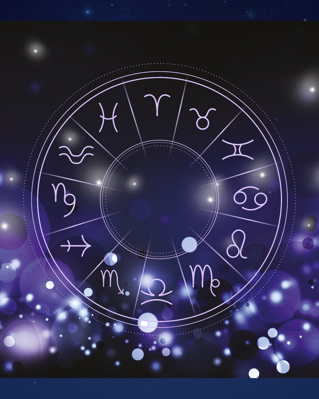 Astrological zodiac wheel with symbols for each sign, floating against a starry space background with glowing bokeh lights.
