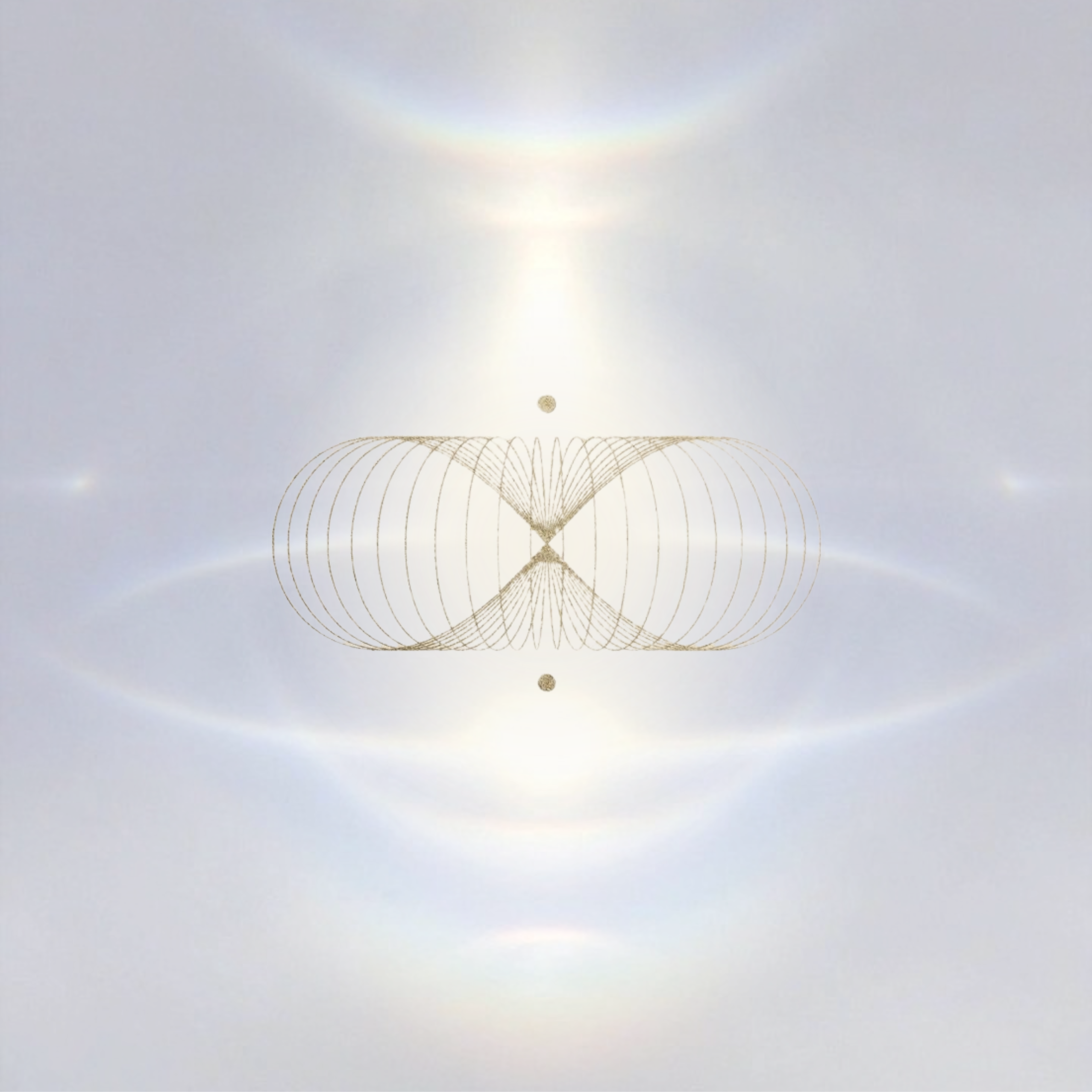 Close-up of a metallic intricate geometric design, with a light blue background and white glowing auras.