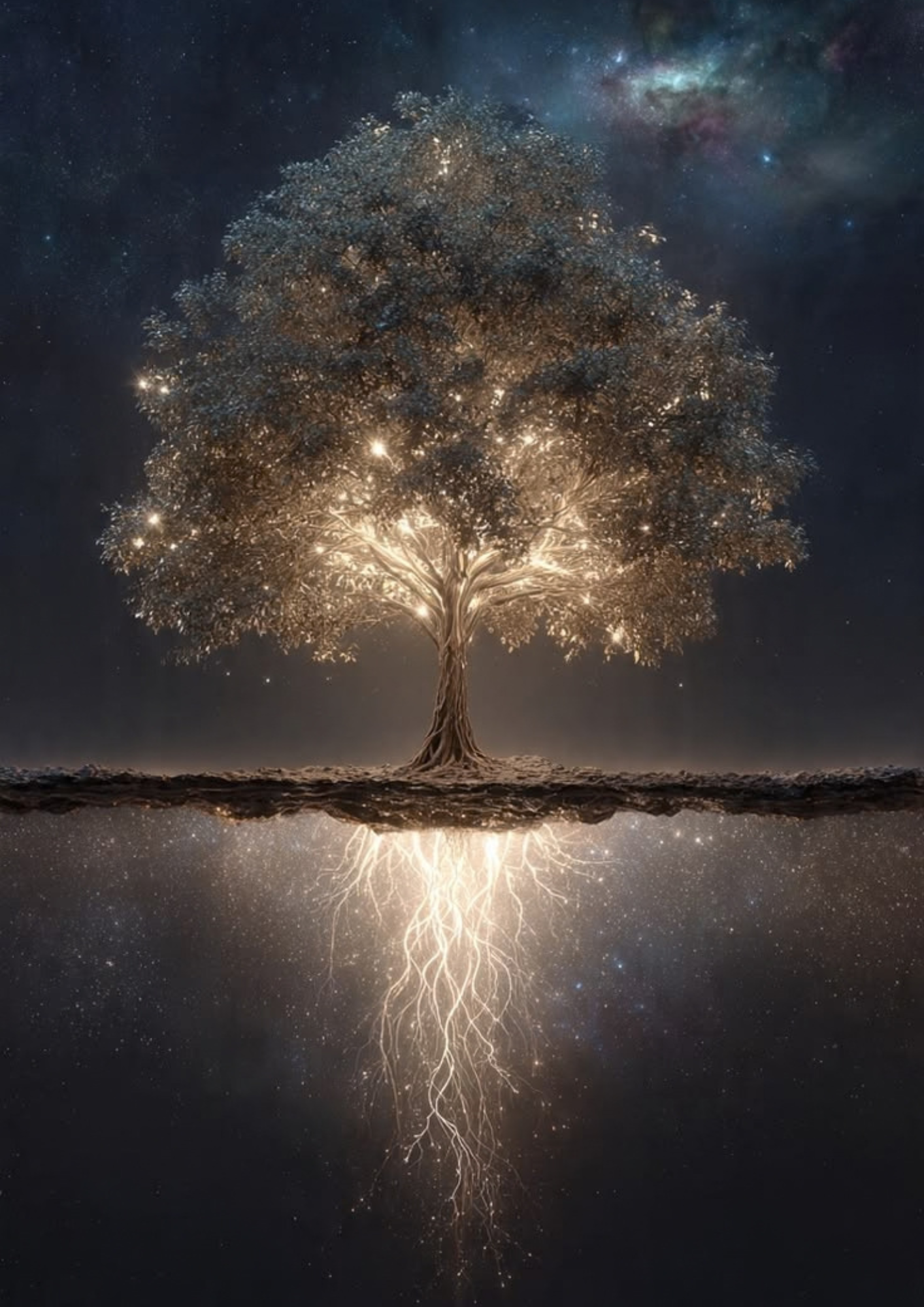 A glowing tree with illuminated branches and roots, glowing against a starry night sky and galaxy in the background.