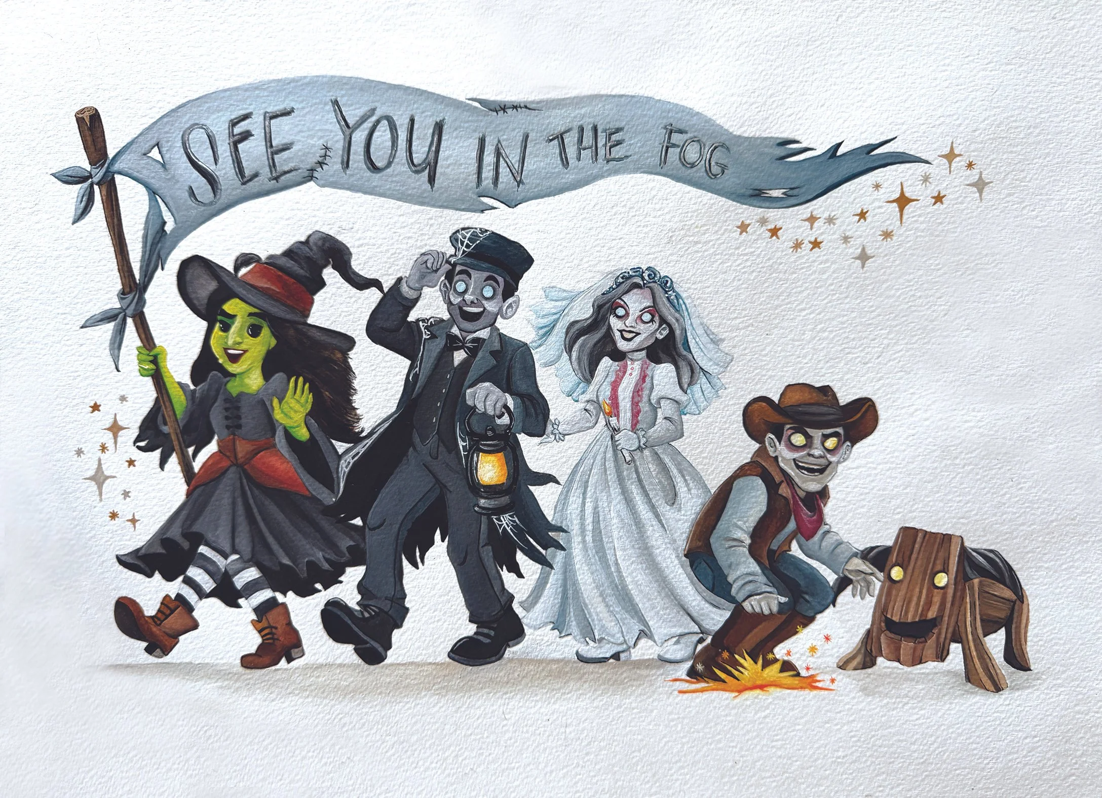 Halloween-themed illustration featuring a witch, a vampire, a bride, and a cowboy, with a banner that says 'See you in the fog' and various decorative stars and sparkles.