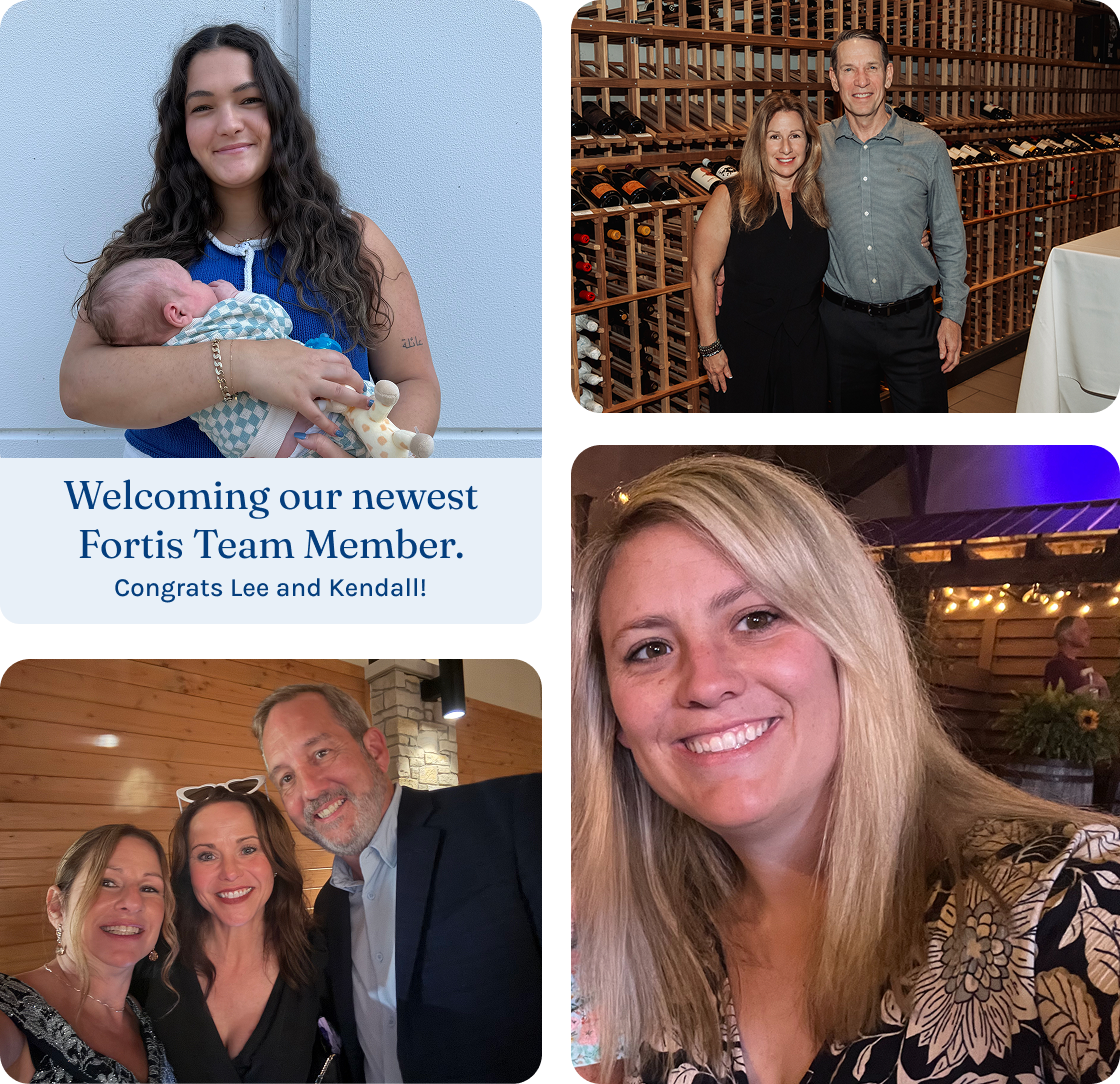 Collage of four photos at a celebration event. The top-left photo shows a young woman holding a newborn baby, with a caption welcoming Lee and Kendall to the Fortis team. The top-right photo features a woman and a man standing in front of wine racks. The bottom-left photo is of three people smiling together at an indoor gathering. The bottom-right photo is a close-up of a woman smiling at what appears to be a party or celebration with warm lighting and decorations.