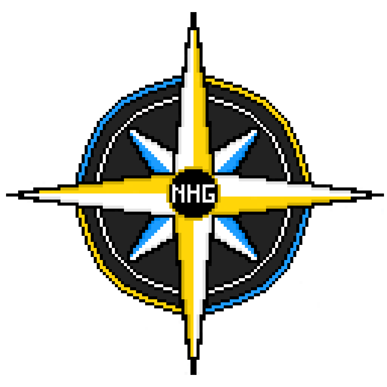 Pixel art logo of the NATO Military Committee with a compass rose and the letters 'NMG' in the center.