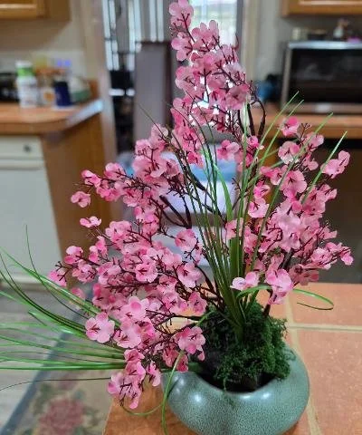 Green Container With Pink Flower Bush Silk Arrangement