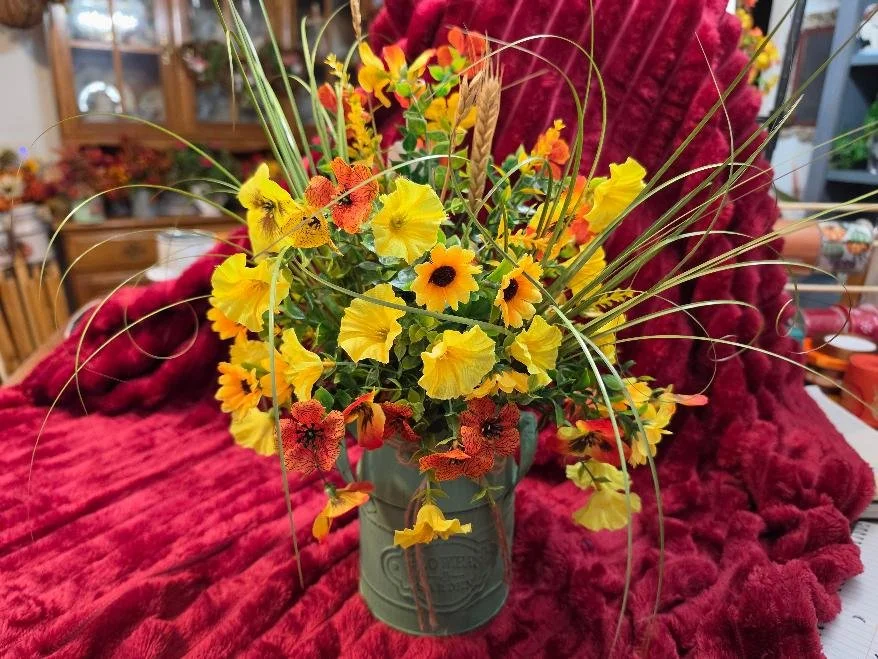 Green Milk Can with Fall Arrangement