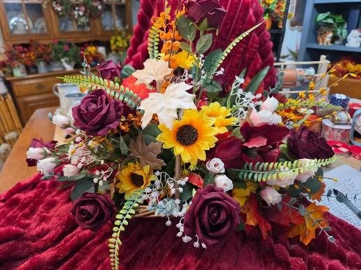 Basket Arrangement with Roses and Sunflowers