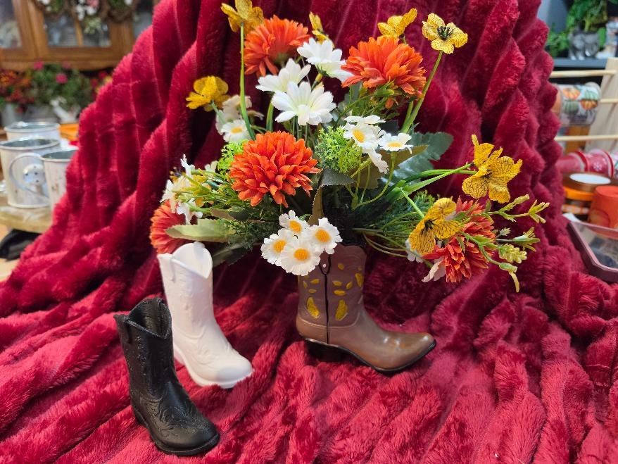 Brown Boot Fall Arrangement