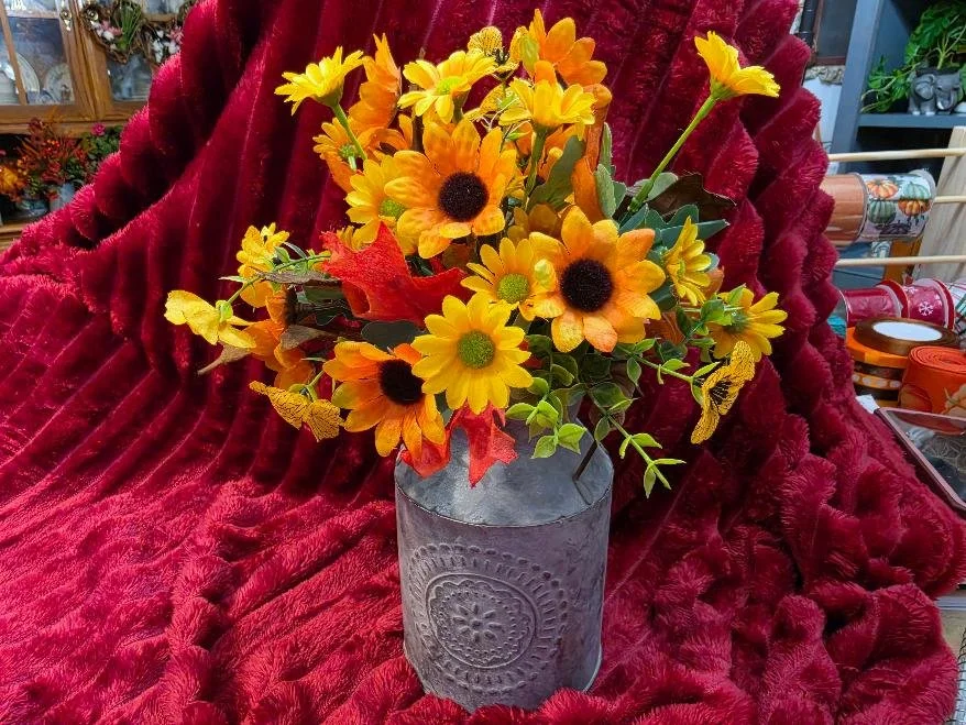 Blue Milk Can With Fall Arrangement