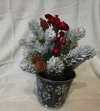 Christmas Arrangement in a Snowflake Bucket