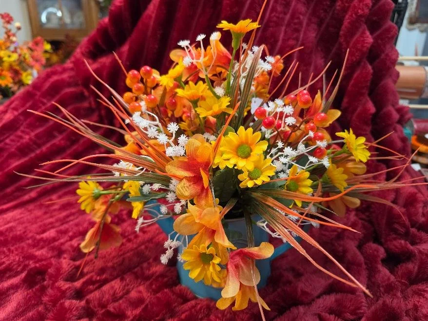 Bluish Watering Can With Fall Arrangement
