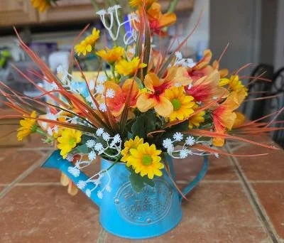 Watering Can With Silk Flowers