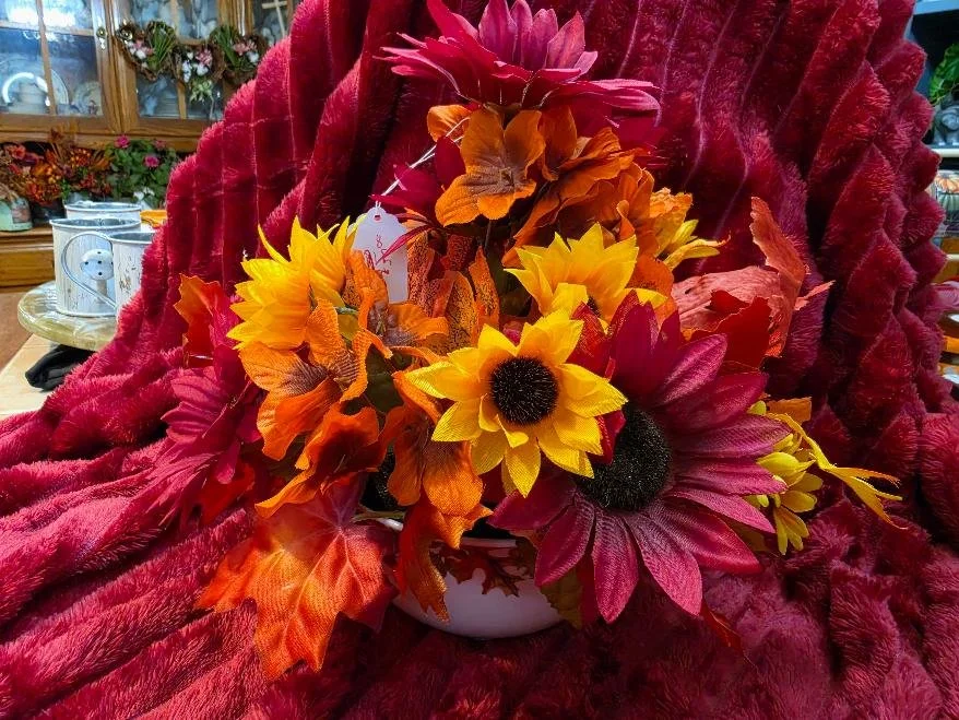 Blue Ceramic Container With Fall Arrangement