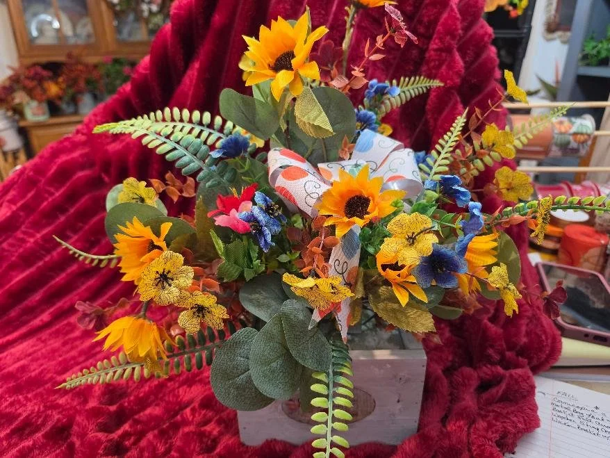 Wooden Box With Handle Fall Arrangement