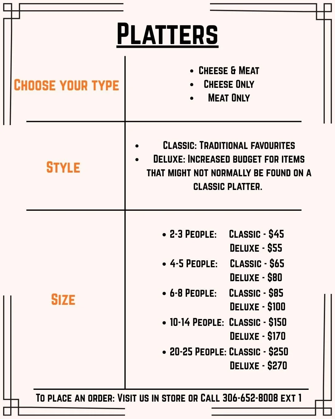 Menu for platters with options to choose your type, style, and size, including prices for different group sizes.