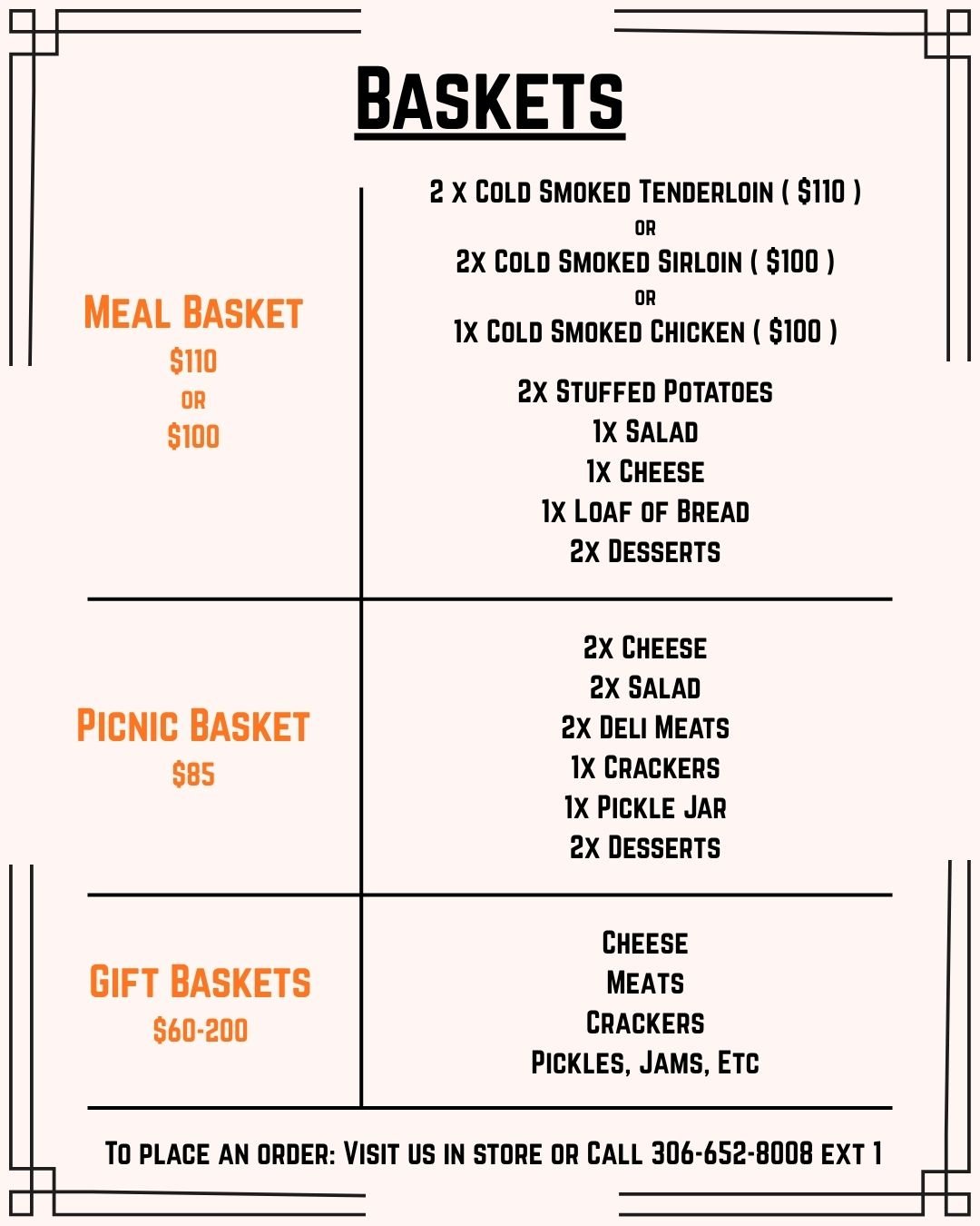Menu for gift baskets with options to choose your type, style, and size, including prices for different group sizes.