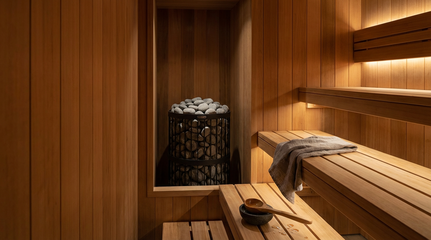 Interior of a wooden sauna with two-tiered seating, a towel draped over the bench, a wooden ladle resting on a bowl, and a heater filled with rocks in a niche.