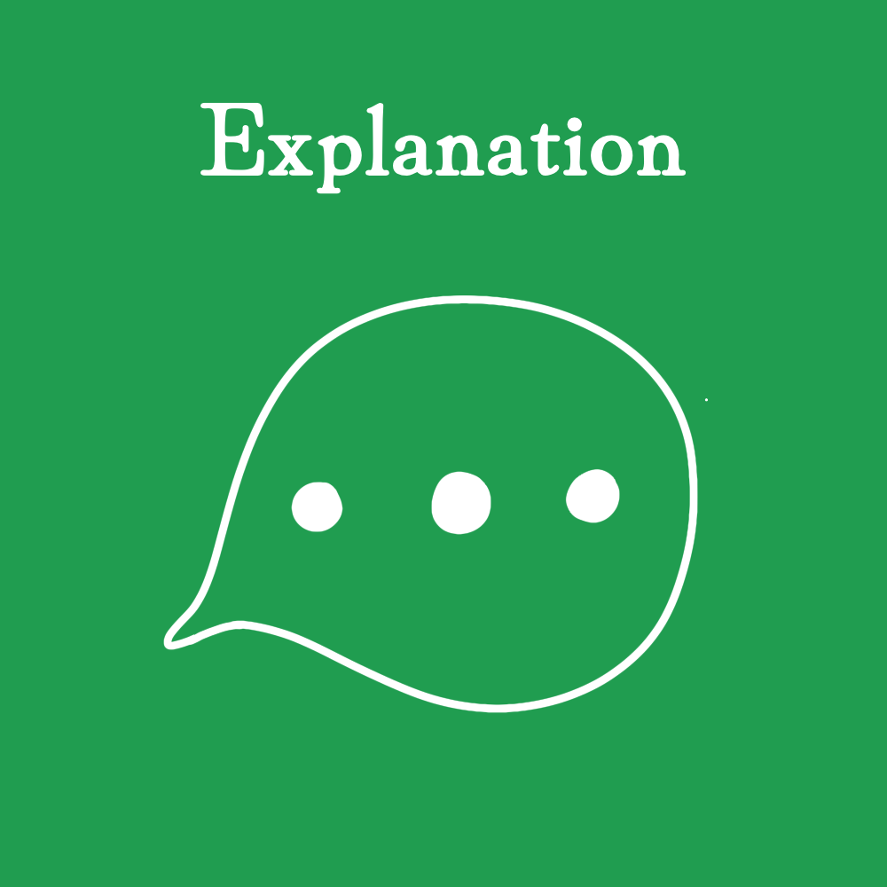 Green background with the word 'Explanation' and a simple white speech bubble icon with three dots inside.