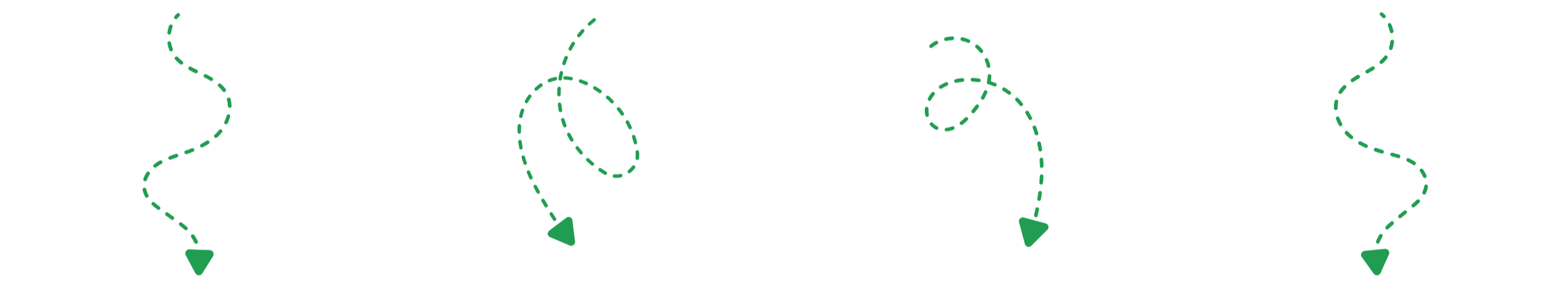 Two green dashed, curved lines with downward-pointing arrows, each ending in a solid green triangle.
