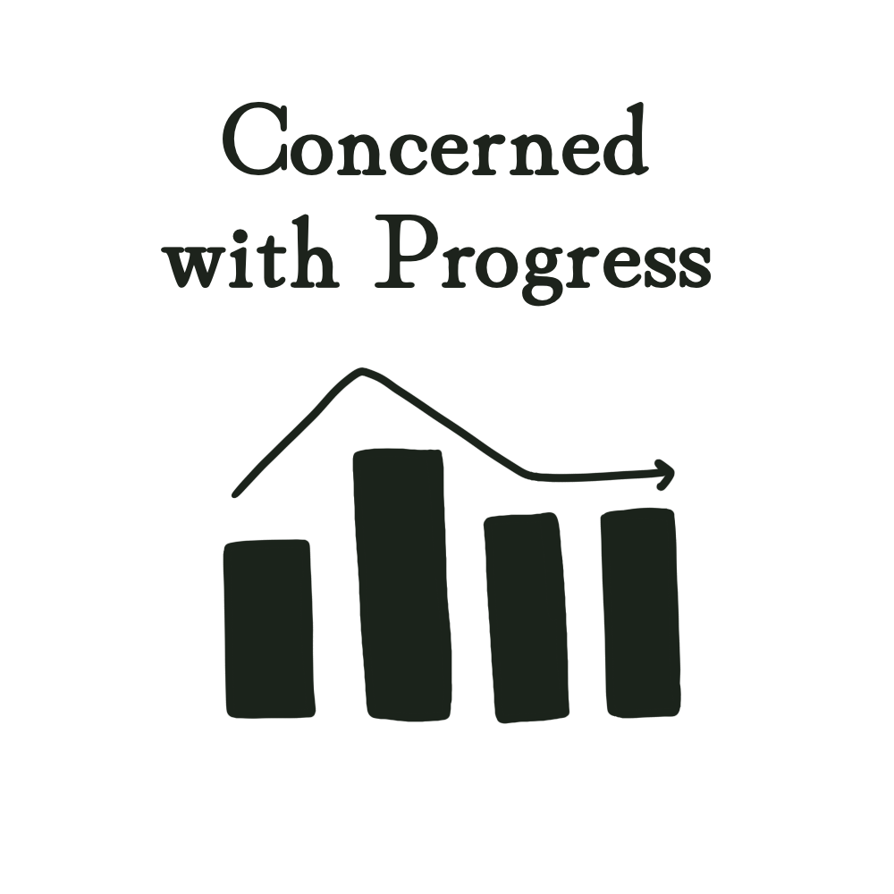 A chart with four black bars decreasing in height from left to right, with a line graph overlay showing a downward trend. The text above reads 'Concerned with Progress'.