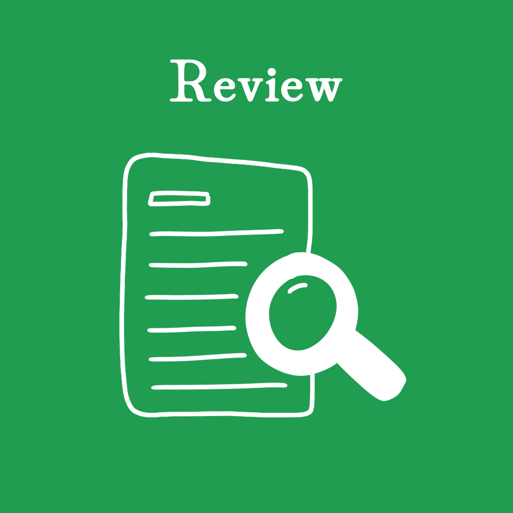Green background with white text and icon. The word 'Review' and a document with a magnifying glass over it, symbolizing review or analysis.