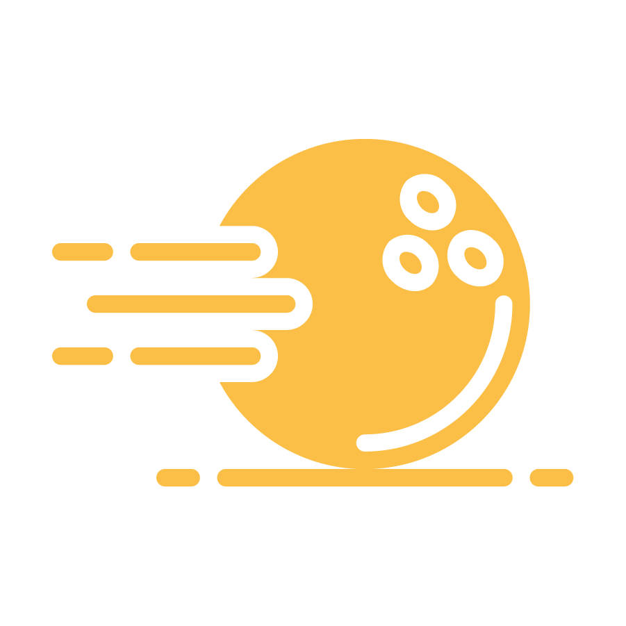 Vector graphic depicting a bowling ball in motion. Rendered in yellow.