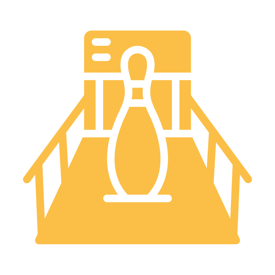 Vector graphic depicting a bowling pin on a bowling lane with guards up. Rendered in yellow.