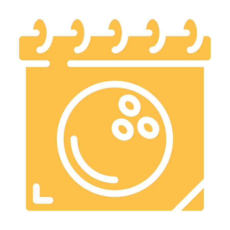 Vector graphic depicting a bowling ball on a calendar. Rendered in yellow.