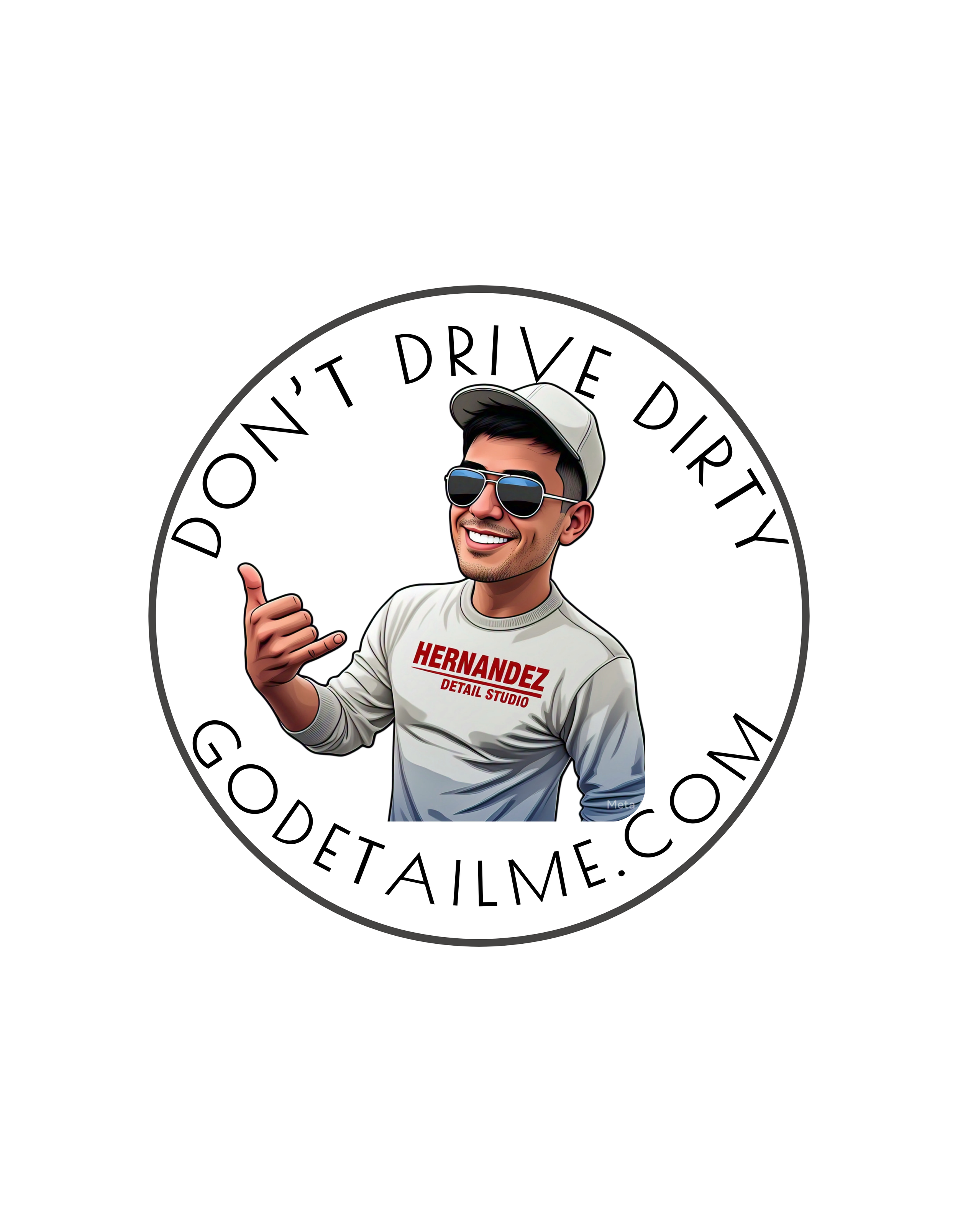 A cartoon man wearing sunglasses and a cap, giving a thumbs-up, with text around him reading "Don't Drive Dirty" and "GODDETAlME.COM."