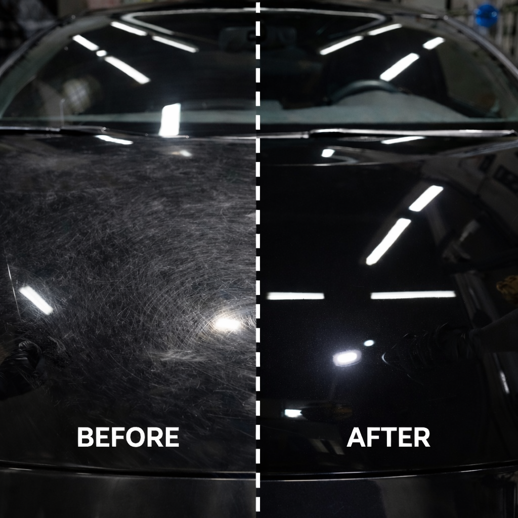 Comparison of a car hood before and after cleaning; the left side shows a dirty, scratched surface, while the right side shows a clean, polished surface.
