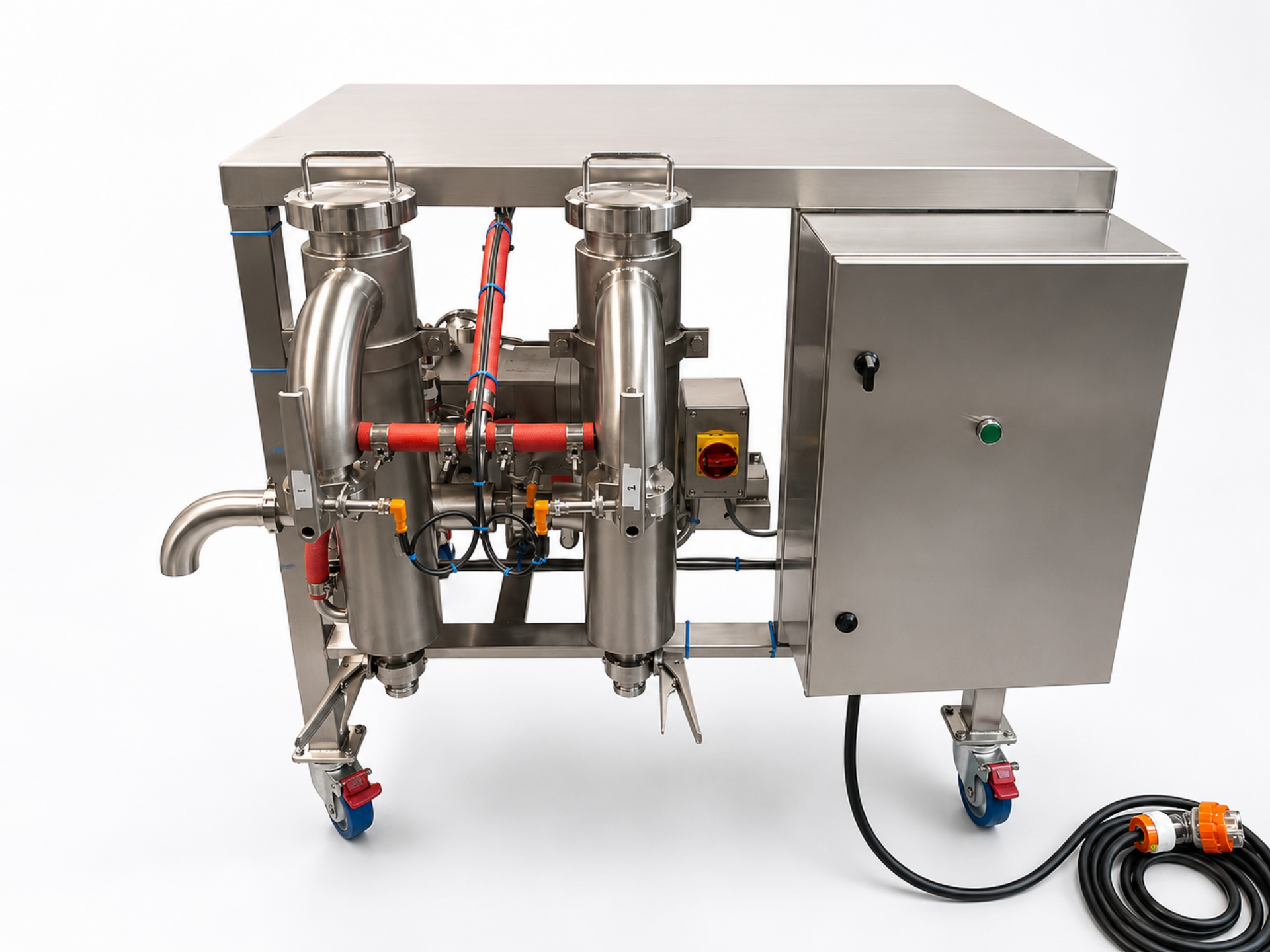 Stainless steel pump skid, industrial machine with pipes, valves, and electrical components, on blue caster wheels connected to a power cord for a health and wellness company in Auckland