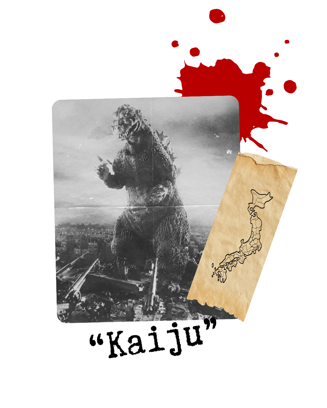 A black and white image of Godzilla towering over a city with cannons in the foreground. A torn piece of paper with a map of Japan is placed beside the image.