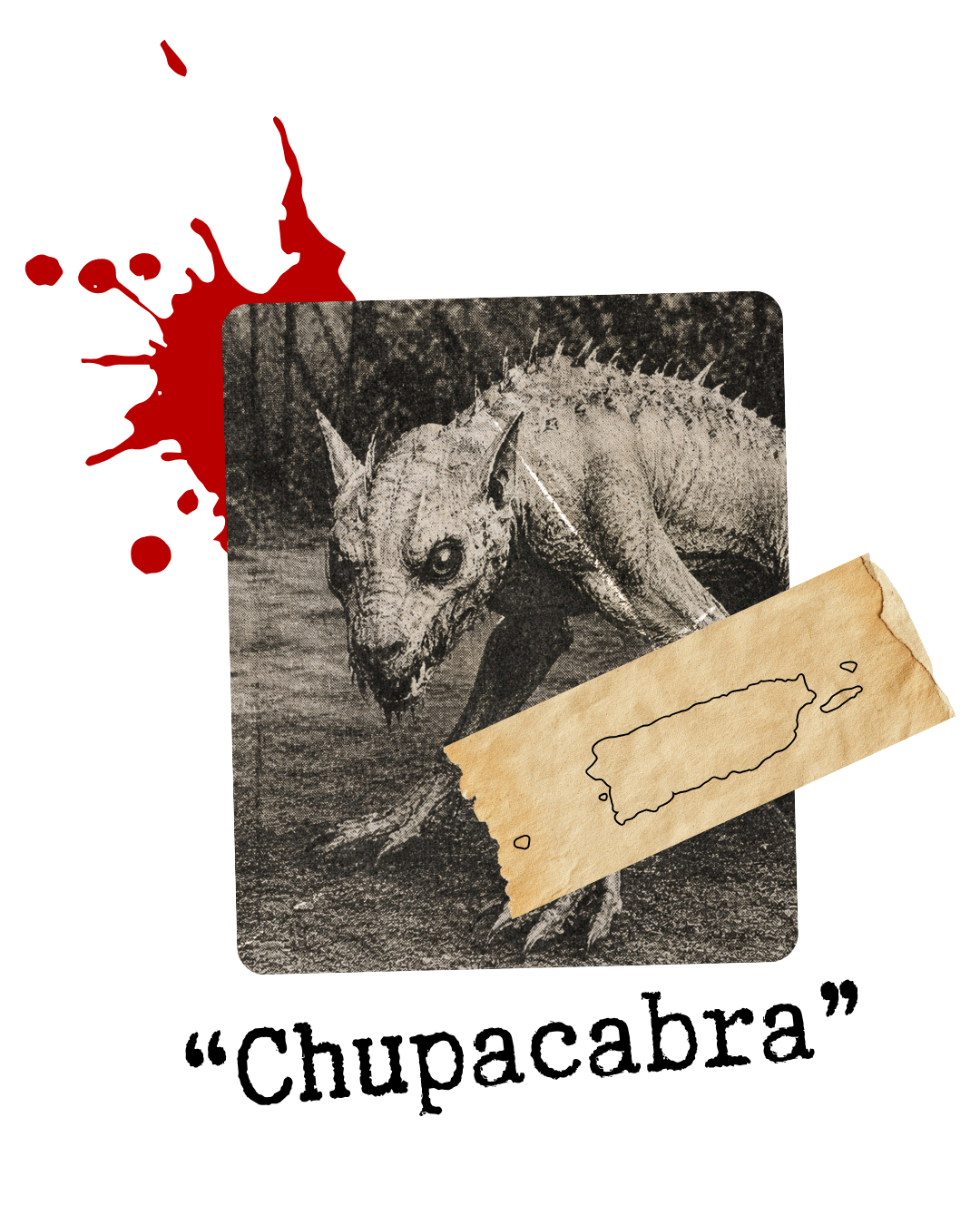 A promotional poster with a red background featuring a black-and-white drawing of a prehistoric creature resembling a dinosaur with a head crest, walking near water. A torn piece of paper with an outline map of Taiwan is overlaid on the image.