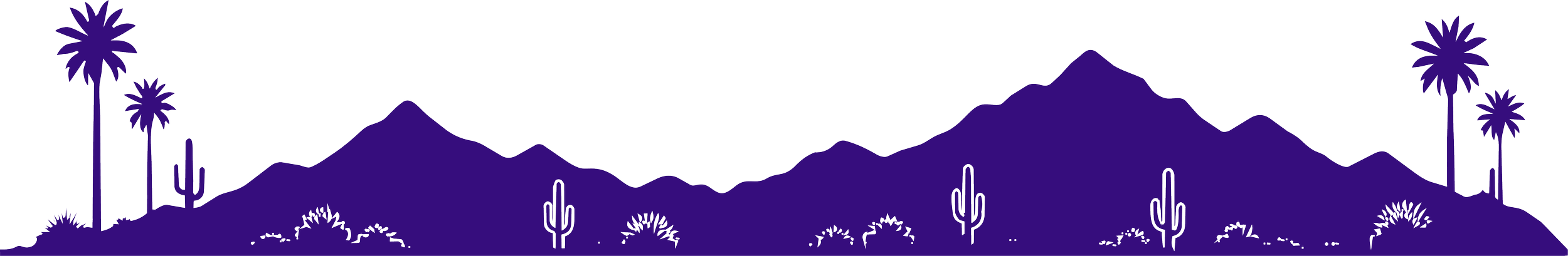 Silhouette of desert mountains with palm trees and cacti in the foreground, in purple.