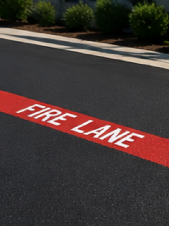 Red fire lane parking space line on asphalt with white text that says 'FIRE LANE', with a sidewalk and green bushes in the background.