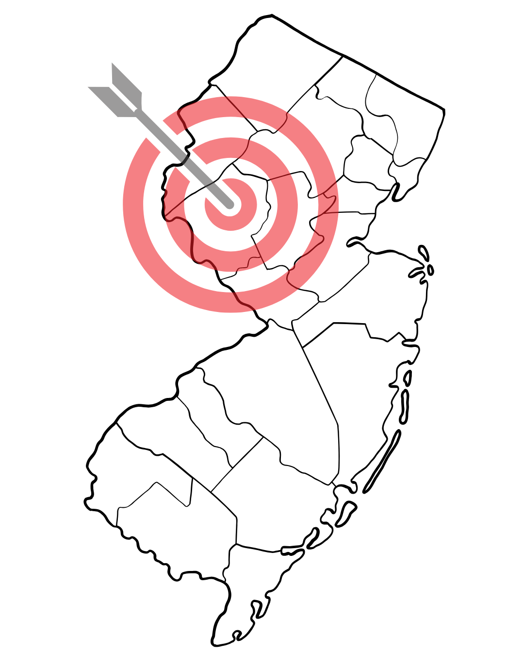 Map of New Jersey with a red target symbol indicating an earthquake epicenter in the northwestern part of the state.