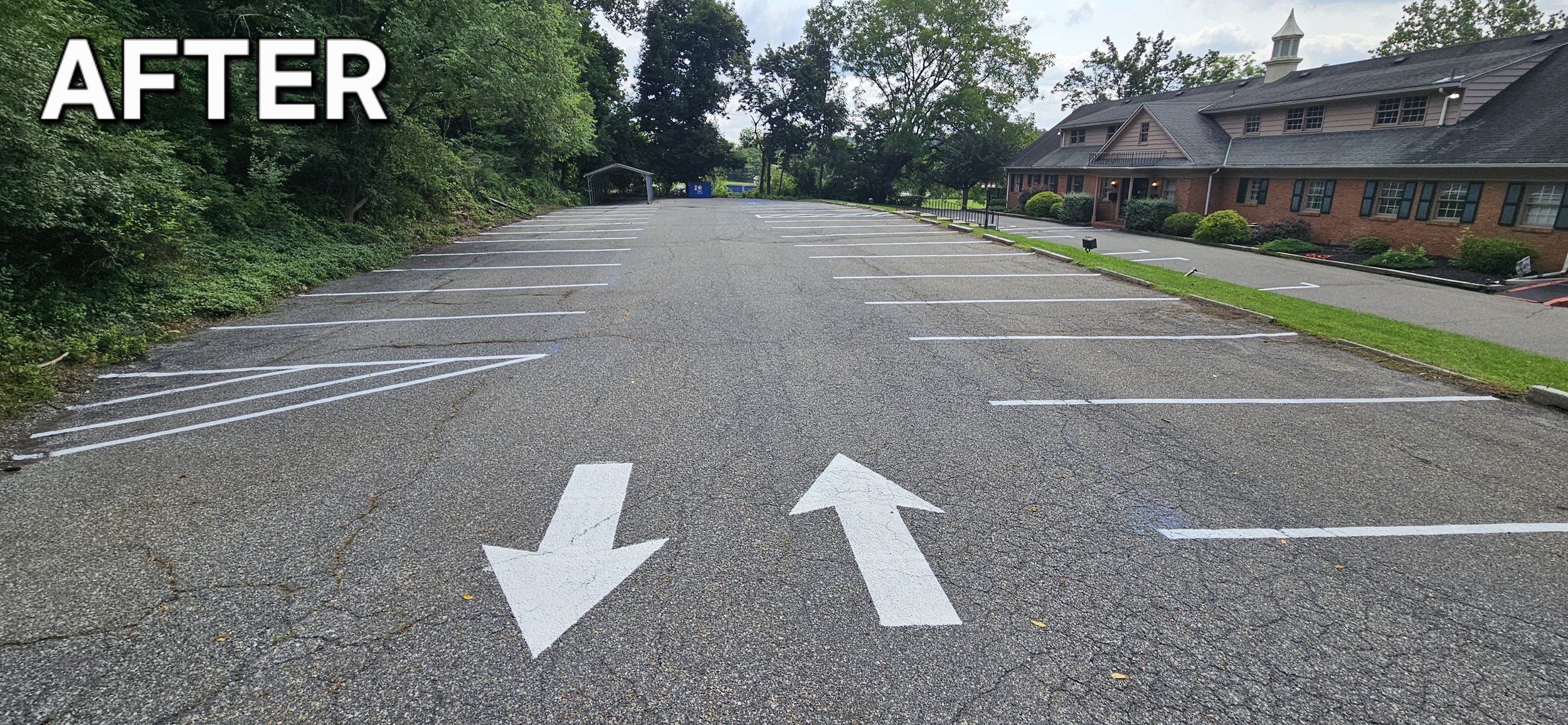 Empty parking lot with freshly painted white lines and arrows, surrounded by greenery and a brick building in the background
